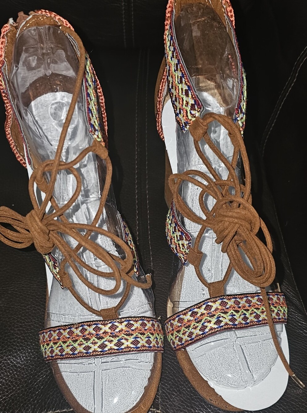 Women’s Brown Lace-Up Boho Sandals with Multicolor Woven Straps